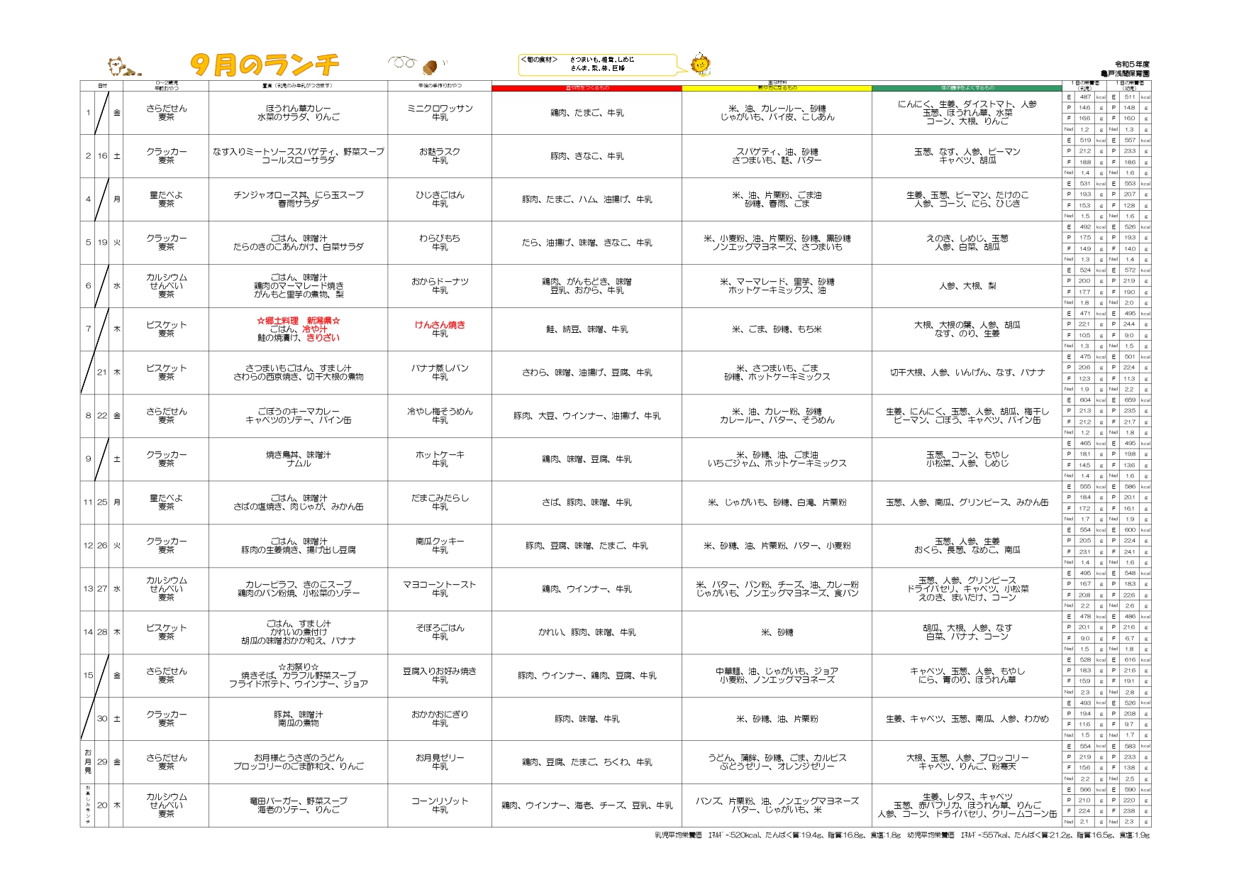 ９月のランチ・おやつメニュー