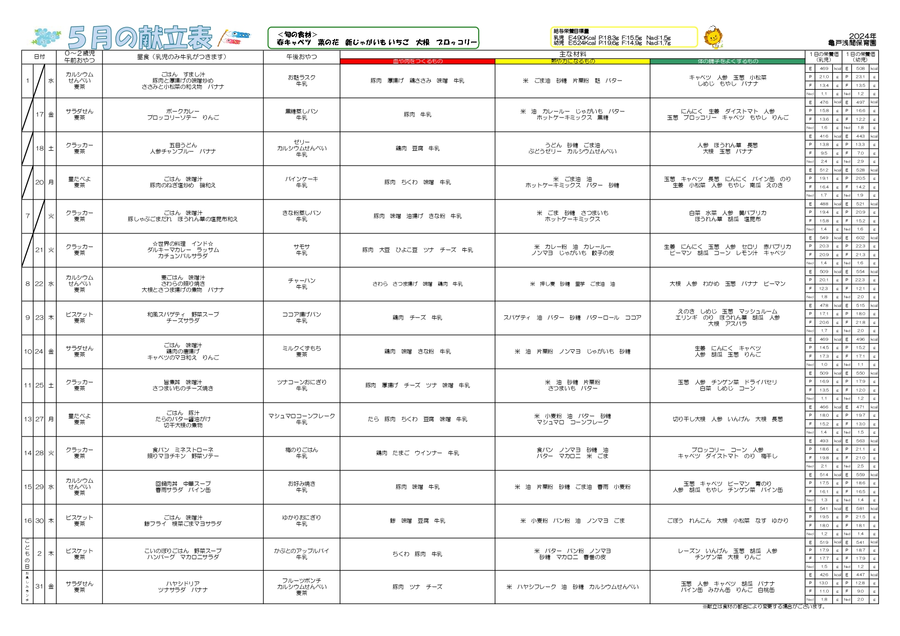 ５月のランチ・おやつメニュー