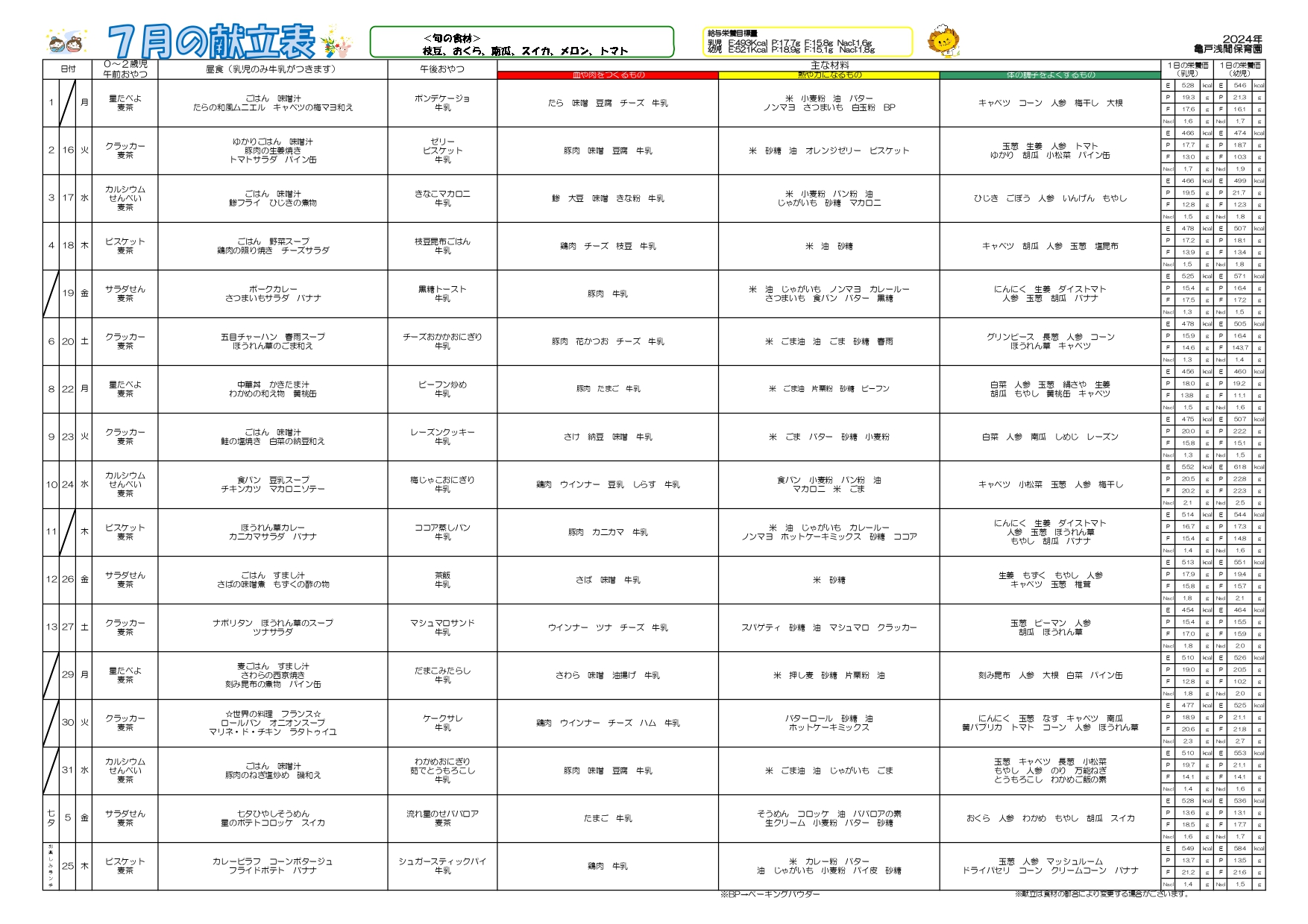 ７月のランチ・おやつメニュー